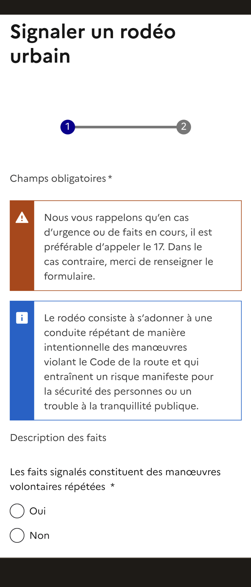 Copie d'écran du site du Ministère de l'Intérieur sur le formulaire de signalement d'un rodéo urbain 