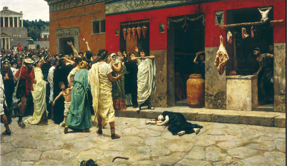 Uccisione di Virginia, tableau du peintre italien Camillo Miola, 1882.

Dans un style réaliste, en couleurs plutôt vives, le peintre représente une rue de la Rome antique. Sur la moitié gauche du tableau, devant des temples à colonnades, une foule se presse. Les personnages les plus au centre lèvent ou agitent les bras dans divers gestes de surprise ou de terreur. Sur la moitié droite, on voit au second plan la devanture d'une boucherie ouverte sur la rue, où pend un jambon. Le boucher est d'ailleurs visible dans l'ombre de la boutique. Devant la boucherie, habillée de noir, une jeune fille morte est étendue au sol.