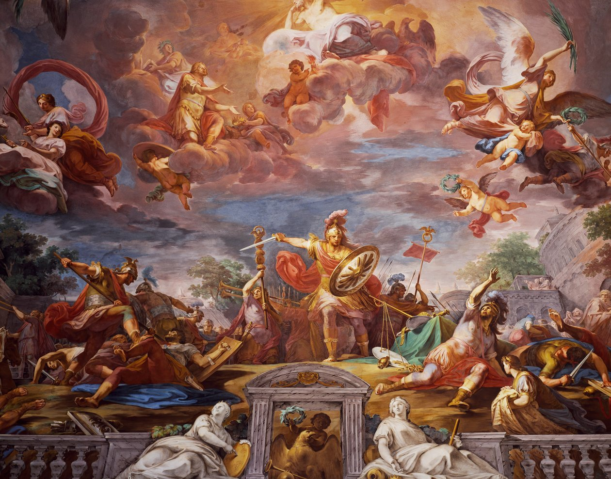 Marcus Furius Camillus rompant le traité avec les Gaulois, Hall d'entrée, Galerie Borghèse, fresque de Mariano Rossi.
Sous un ciel baroque grouillant de divinités et allégories de tous les côtés, dont la Victoire avec ses feuilles de palmier et ses lauriers à gauche, Marius Furius Camillus, au centre, déboule, en cuirasse, bouclier, casque à panache et l'épée brandie. Tout son harnachement a l'air d'or. Derrière lui, des soldats romains avec enseignes et trompettes. À gauche de Camillus, un fier Romain casquék, la cape au vent, foule littéralement aux pieds un Gaulois pas content. A droite de Camillus, des soldats à terre tout blessés et levant pathétiquement la main pour appeler à l'aide, au pied d'une citadelle qu'on devine être le Capitole. Les couleurs sont douces, pastel, bleu ciel, rose, jaune lumineux, c'est charmant et un peu maniériste.