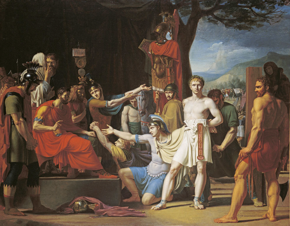 Tableau d'Alexandre-Romain Honnet, Manlius Torquatus condamne son fils à mort, 1799.
De gauche à droite, une demi-douzaine de personnages vêtus à l'antique. Un soldat, à gauche, tête baissée. Sur une estrade, le consul Titus Manlius Torquatus, pointant du doigt le personnage central, et globalement assez blasé. Derrière lui un type avec une tête de loup et une enseigne romaine assez grognon. Puis deux soldats faisant des gestes de supplication, l'air consterné. Enfin le sujet du tableau, le fils, campé dans une pose sculpturale, le torse nu, en pagne, un fourreau d'épée pendant de sa hanche et si massif qu'il a l'air phallique, je me demande si c'est fait exprès. Le fils (qui est blond et tout blanc) regarde direct le spectateur, l'air raide mais alors glacial, limite blasé, genre il pense "mais y en a marre de tout ce blabla allez qu'on me mette à mort et qu'on n'en parle plus". Tout à gauche, un mec bronzé et massif qu'on suppose être le bourreau.