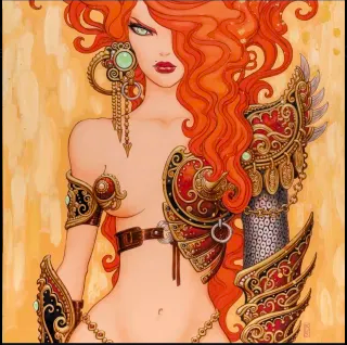 Dessin d'une femme rousse, qui s'arrête juste au-dessus du pubis. Sa taille est très fine, ses hanches très rondes. Son visage est très maquillé, ses cheveux roux bouclés et longs. Elle est presque nue. Seuls son bras gauche, son sein gauche et son téton droit sont couverts de ce qui semble être une armure ciselée. On voit les fils d'un string en or sur ses hanches.