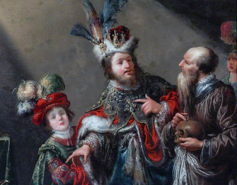 Crésus et Solon, tableau de Claude Vignon, peint vers 1630 avec des costumes qui font même pas semblant d'être antiques.

Description longue :
Au centre, un homme barbu, le teint frais et la joue rose, portant un chapeau rouge doublé de fourrure blanche et surmonté d'une couronne et de trois plumes colorées. Il porte des habits luxe et bling-bling. Un enfant se trouve à sa gauche, lui-même vêtu d'habits luxe et bling-bling : coiffe rouge surmontée de plumes colorées, col de dentelle, habits brodés... L'homme central regarde cependant un troisième perso à sa gauche : un homme chauve à la longue barbe, habillé en marron-gris très sobre, et qui tient un crâne marron. L'homme bling-bling montre un objet à l'homme sobre, qui le fixe en montrant, lui, le crâne.