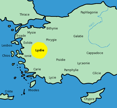 Carte de l'Asie Mineure (= Turquie actuelle). La Lydie est située à peu près au centre du tiers ouest de la Turquie. Elle ne touche pas la mer. Elle a la Ionie et l'Eolide sur son flanc ouest et la Phrygie sur son flanc est.