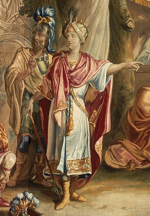 Cyrus le Grand et Harpagus [Harpagos], tapisserie flamande, vers 1775.

Attention, description longue et avec des blagues :
Sur un fond avec la ptite colonne antique qui va bien, deux gars portant un costume qui évoque à la fois l'Orient moderne et l'Antiquité romaine ou grecque, spaclair. Le mec de gauche, en arrière-plan, est un homme mûr, il a la barbe d'un hipster des années 2010, on le sent brasseur d'IPA à ses heures perdues. Il porte aussi un casque bling bling à la grecque avec un panache bleu azur. Le mec de gauche, au centre de l'image, au premier plan, est jeune, blanc et blond, portant un turban, mais aussi drapé dans un manteau rose à la grecque, par-dessus une tunique blanche avec une épée dorée. Ce jeune tend le bras vers sa droite d'un air sage et angélique. Bref, c'est notre héros, notre cador, c'est Cyrus le (pas encore) Grand.