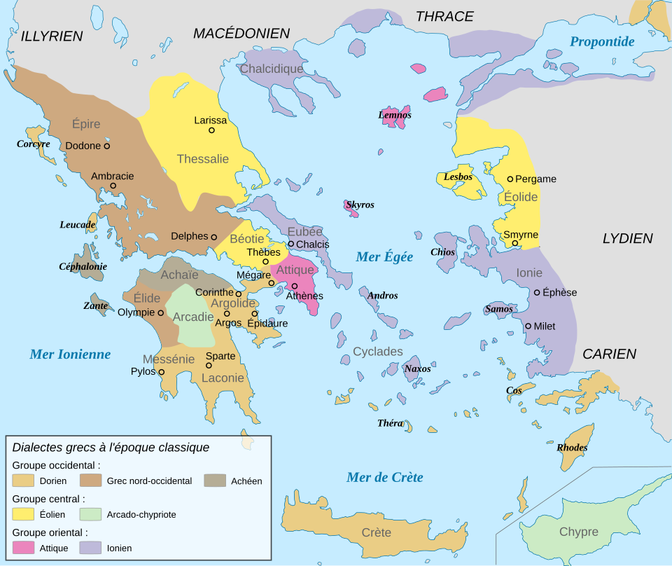 Carte de répartitions des dialectes grecs anciens en Grèce européenne et Asie Mineure. En gros, les quatre grands dialectes sont le grec nord-occidental (toute la côte nord-ouest jusqu'à Delphes incluse et une partie de l'ouest du Péloponnèse), l'éolien (un gros quart nord-est de la partie européenne, et les cités centrales de la côte asiatique), le ionien (répartie un peu partout sur la côte et notablement toutes les îles et le sud de l'Asie mineure + l'attique, déclinaison du ionien, à Athènes) et le dorien (sud du Péloponnèse et Crète).