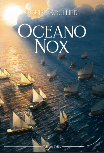 Couverture de mon livre à paraître, Oceano Nox.

Sur un fond de mer au soleil, vue d'en haut, une multitude de navires, tous identiques, avec deux voiles triangulaires et une coque anguleuse, naviguent ensemble vers la droite de l'image. La lumière du soleil déclinant illumine le côté gauche de l'image. Un grand nuage est en train de couvrir le soleil, assombrissant la mer.